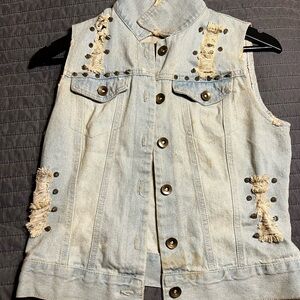 Distressed Denim Vest with Stud Accents
